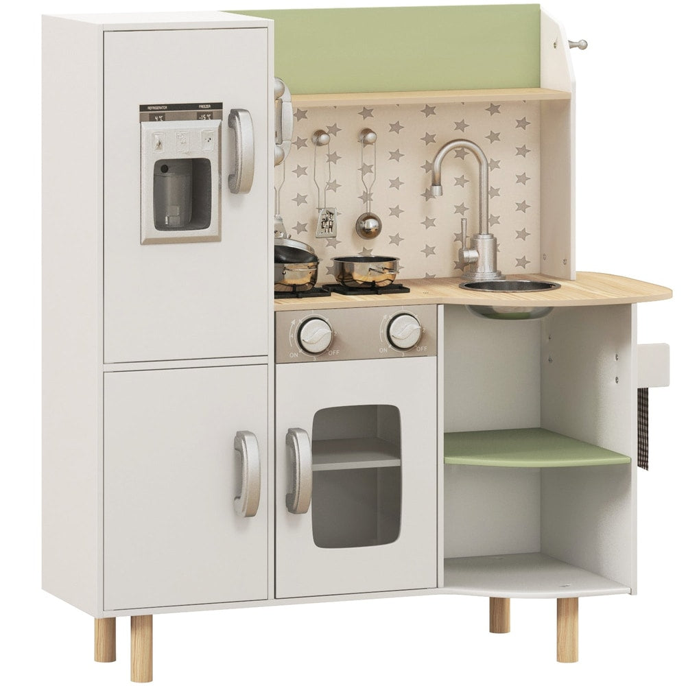 AIYAPLAY Toy Kitchen, a white play kitchen with green accents, featuring a fridge, stove, sink, and accessories