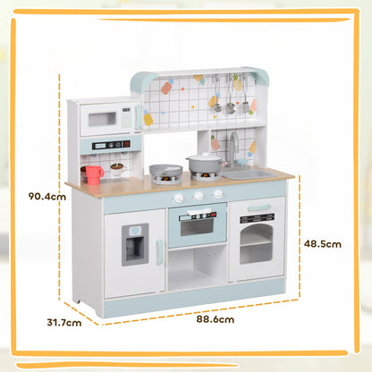 A toy kitchen with dimensions shown for height, width and depth