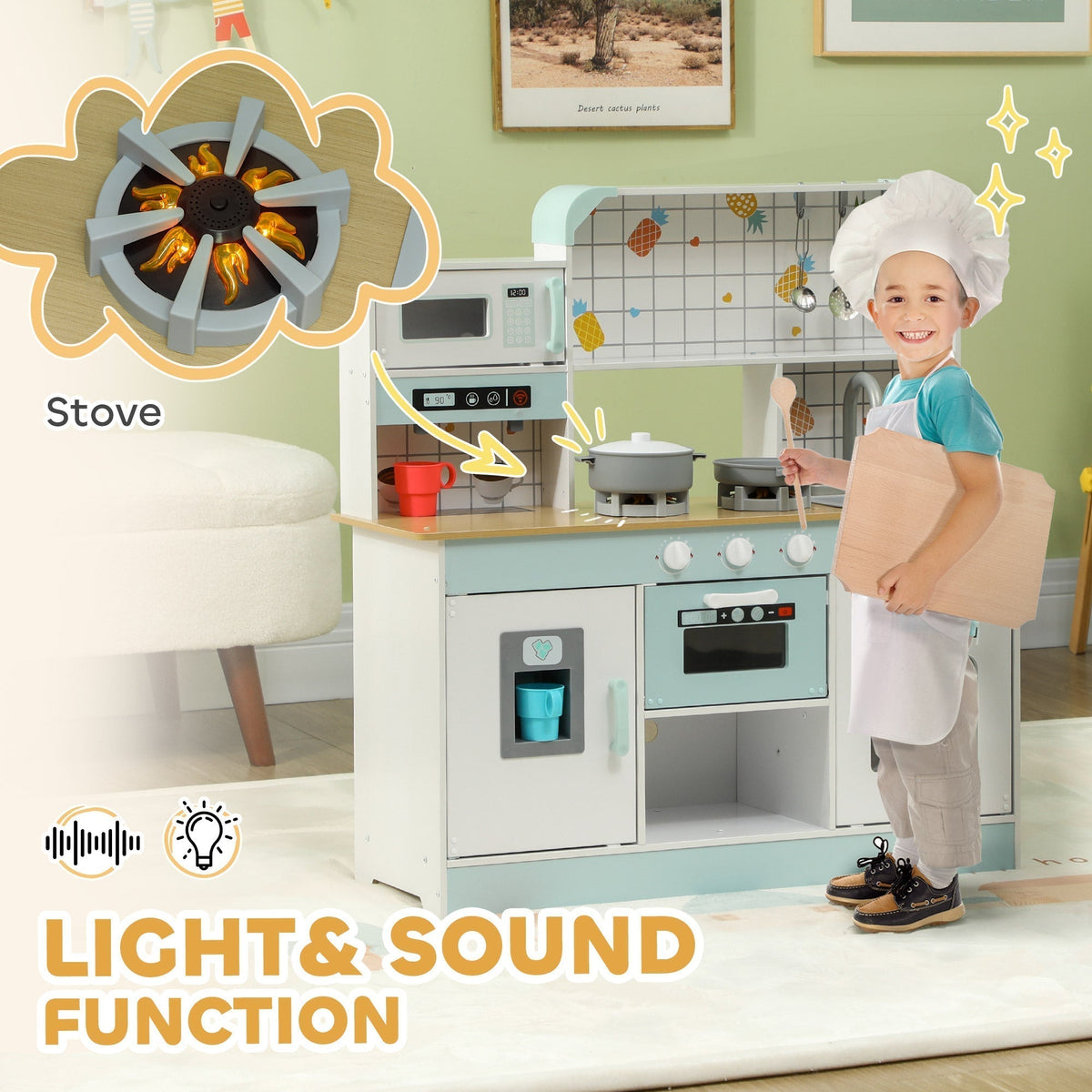 Close up of the toy kitchen stove with lights and sounds function highlighted