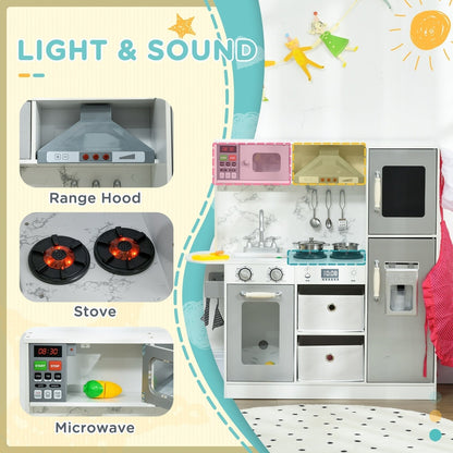 Close-up views of the role play toy kitchen's range hood, stove burners and microwave