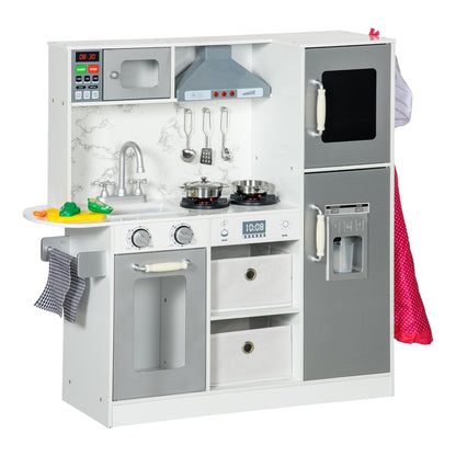 AIYAPLAY Toy Kitchen with Lights, a white and grey role play toy kitchen with microwave, oven, hob and fridge