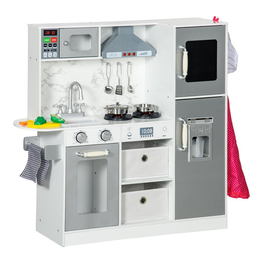 AIYAPLAY Toy Kitchen with Lights, a white and grey role play toy kitchen with microwave, oven, hob and fridge