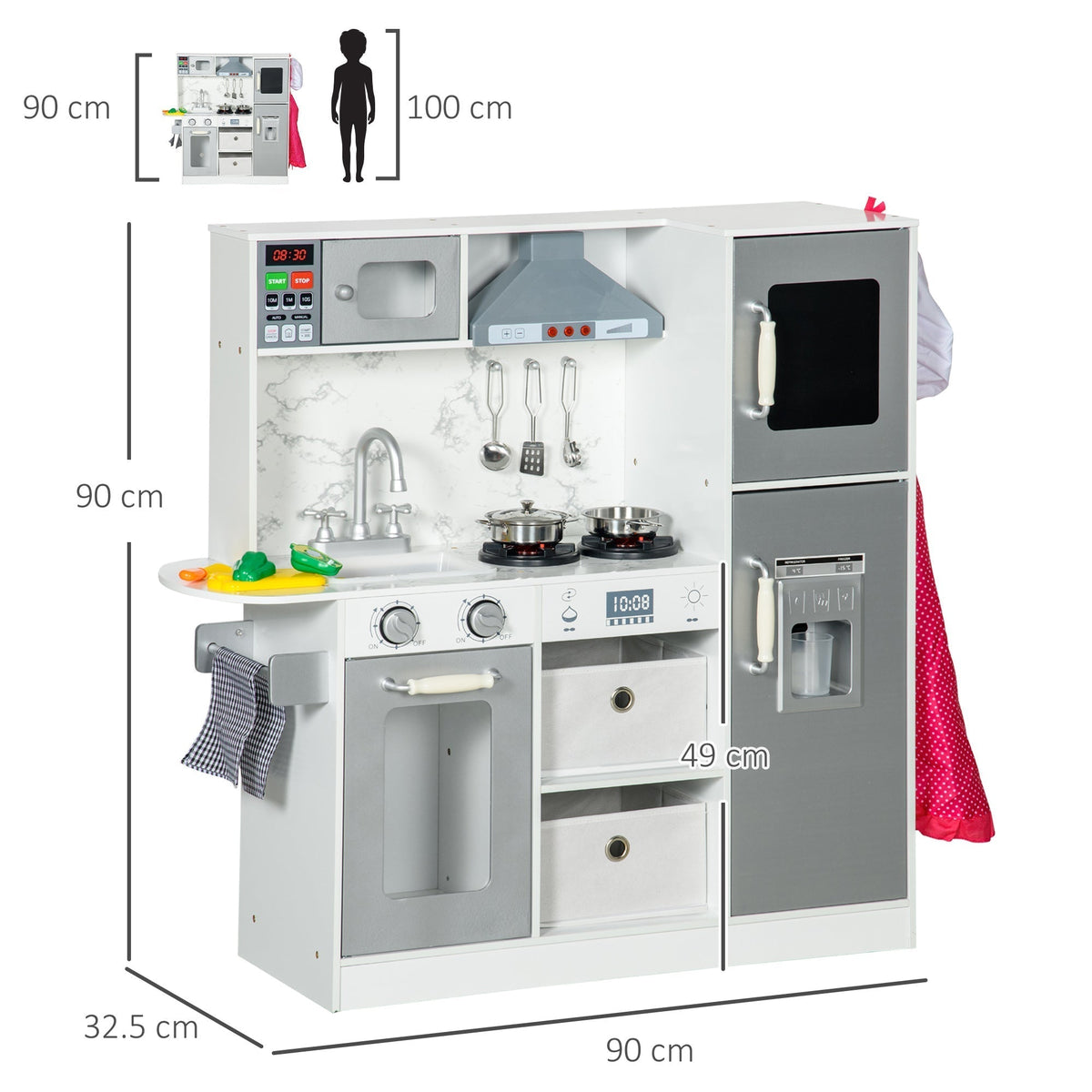 The white and grey role play toy kitchen with dimensions shown, including height and width