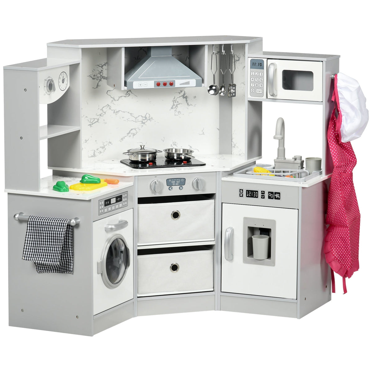 AIYAPLAY Toy Kitchen with Running Water, a grey wooden play kitchen with oven, hob, sink and microwave