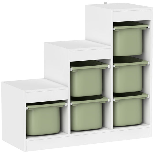 AIYAPLAY Toy Storage Organiser, a white three-layer unit with six green removable bins
