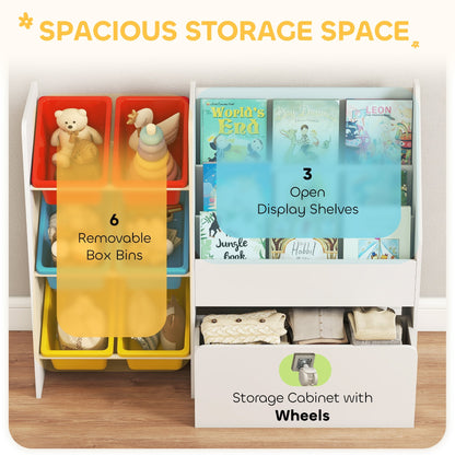 The kids storage organiser showing removable bins and display shelves, with wheels at the base