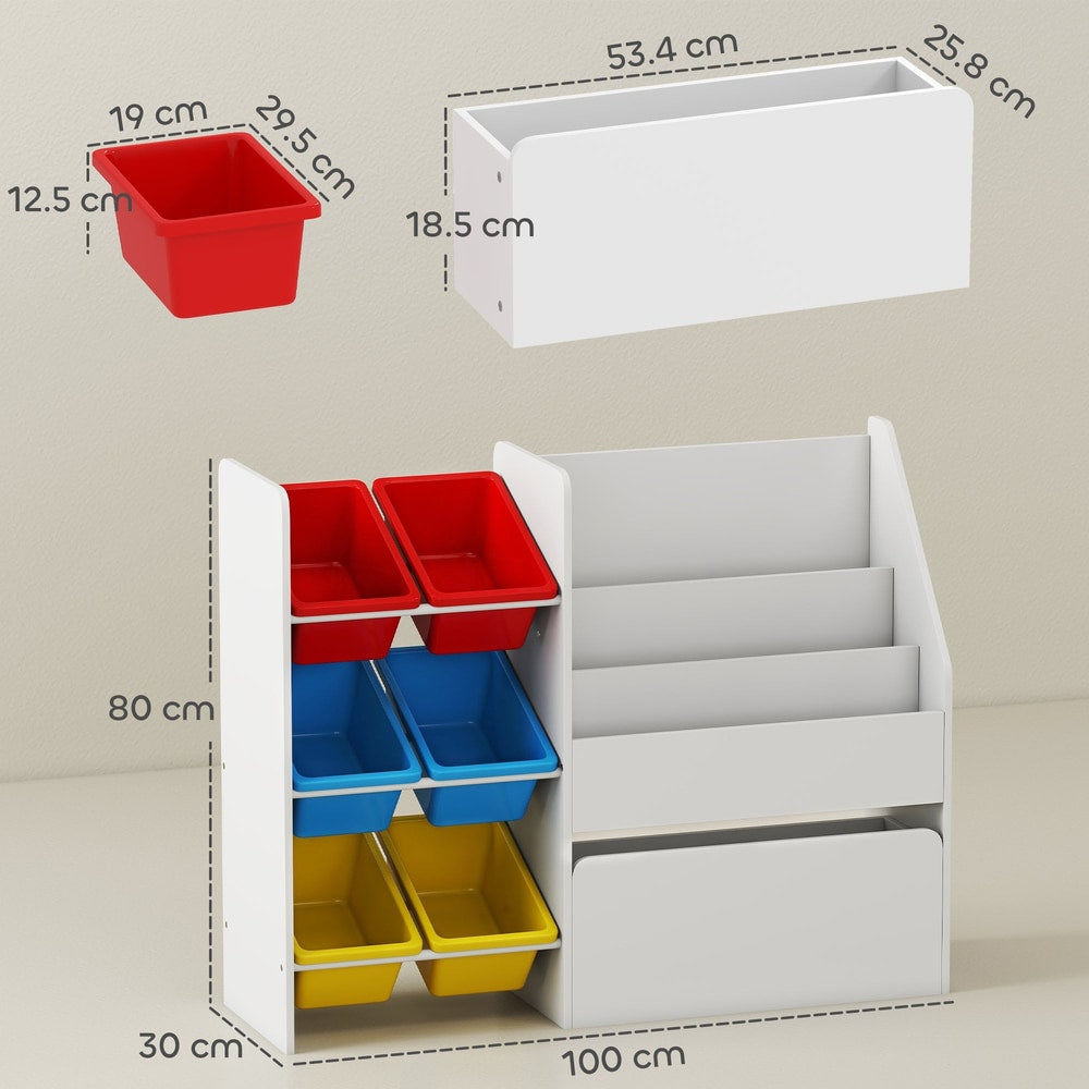 A kids storage organiser with dimensions shown for height, width, depth and bin size
