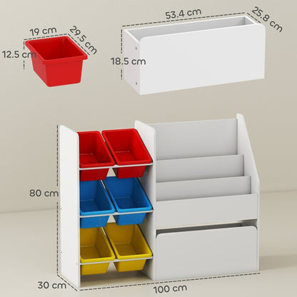 A kids storage organiser with dimensions shown for height, width, depth and bin size