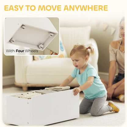A close-up of the base of the kids storage organiser, showing four wheels for easy movement