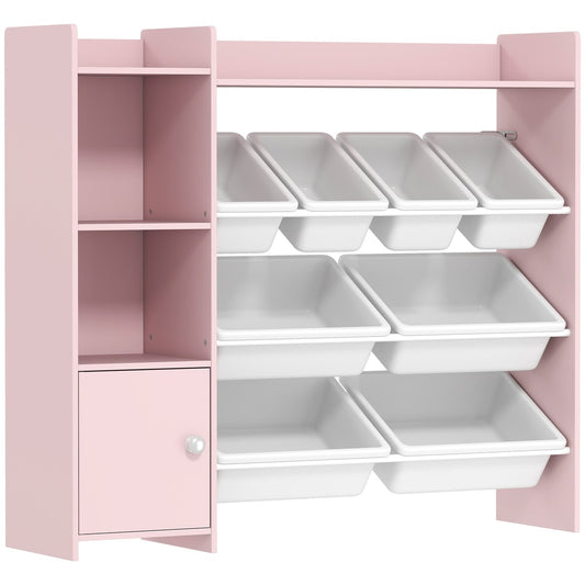 AIYAPLAY Toy Storage Unit with 8 Removable Bins, a pink shelving unit with a cabinet and open shelves