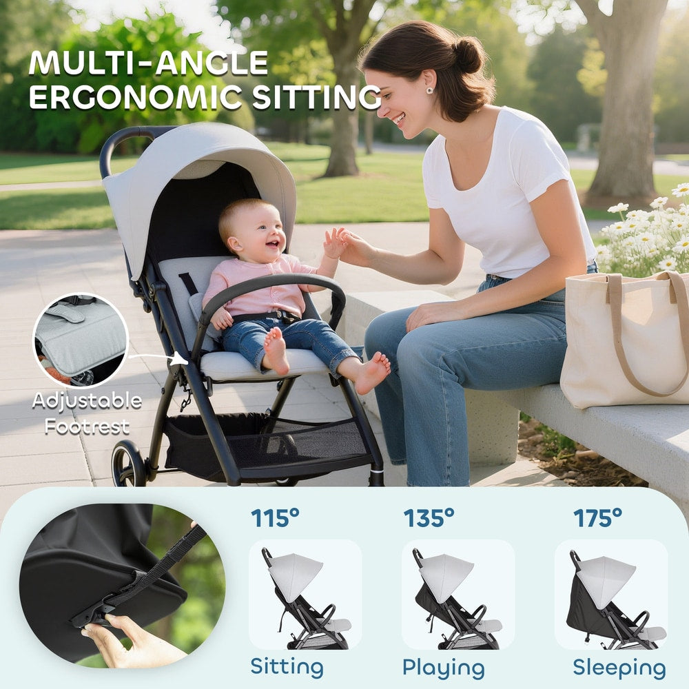 Close up of the footrest and different sitting positions for the buggy