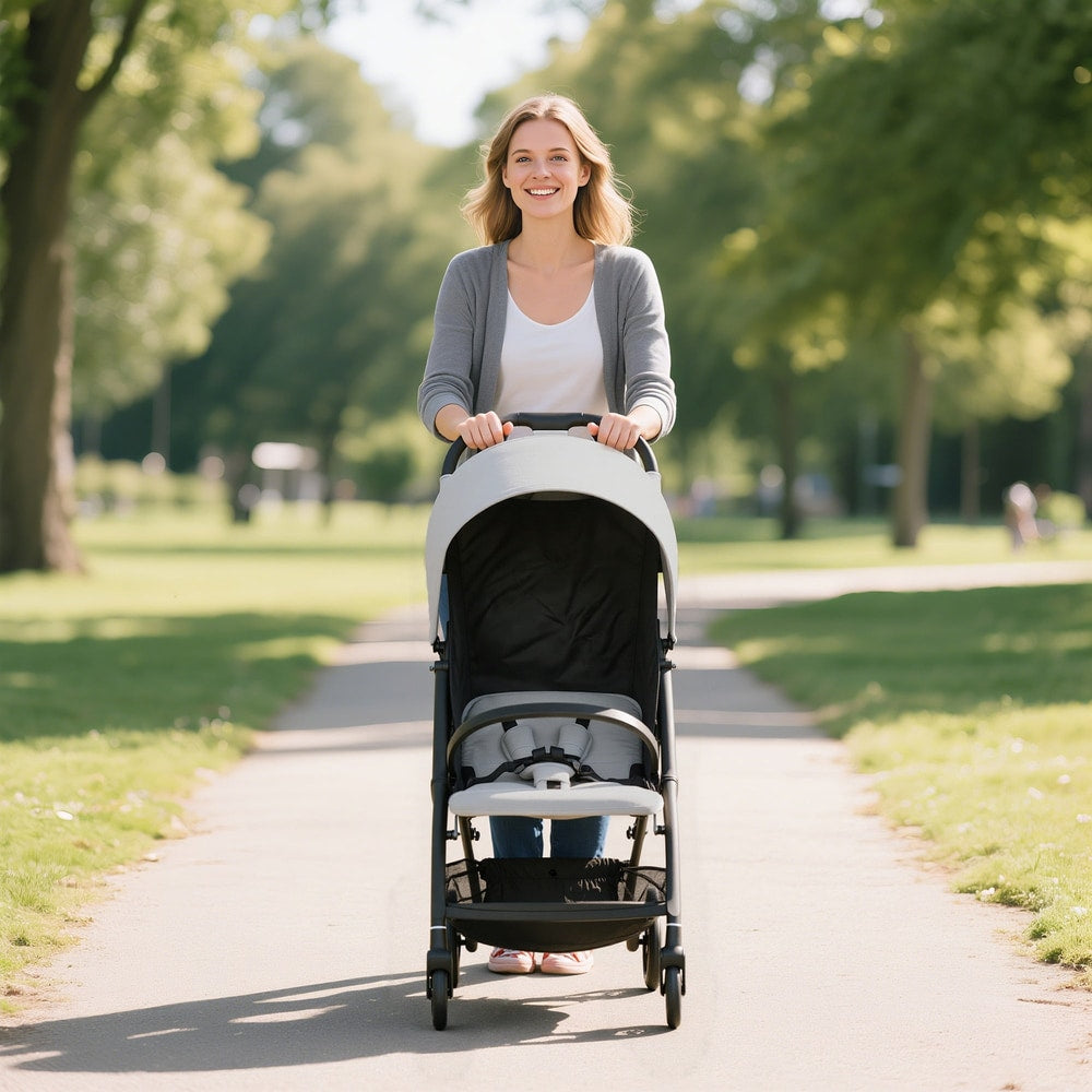 Woman pushing a light grey travel stroller through a park