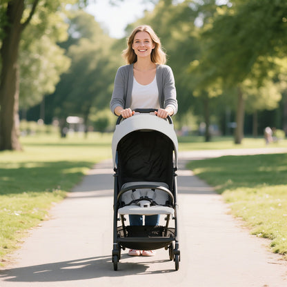 Woman pushing a light grey travel stroller through a park