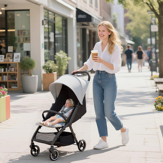Woman pushing a baby in a light grey travel stroller down a pavement