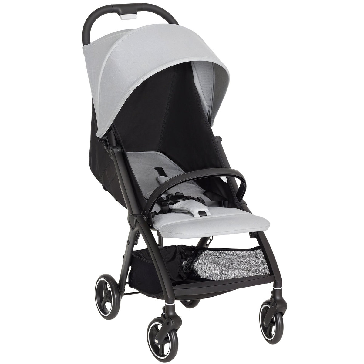 AIYAPLAY Travel Stroller in light grey with a black frame and canopy