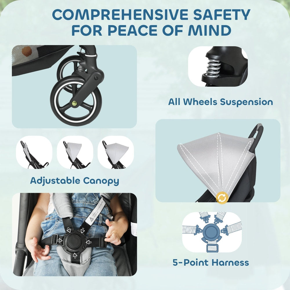 Details of the wheels, canopy and harness of the light grey travel stroller