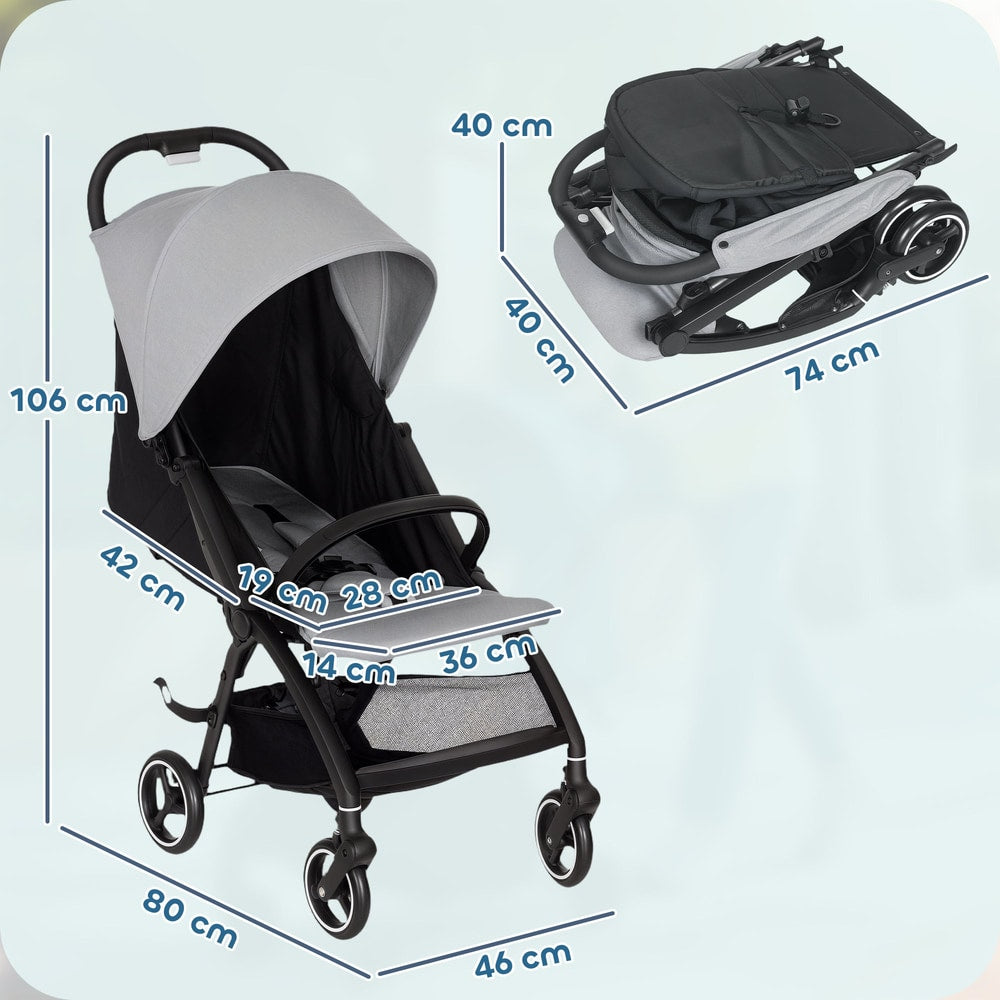 Dimensions diagram of the light grey travel stroller