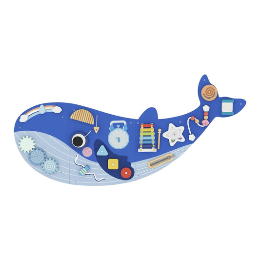 AIYAPLAY Whale Activity Wall Busy Board, a blue whale-shaped sensory panel with multiple interactive elements