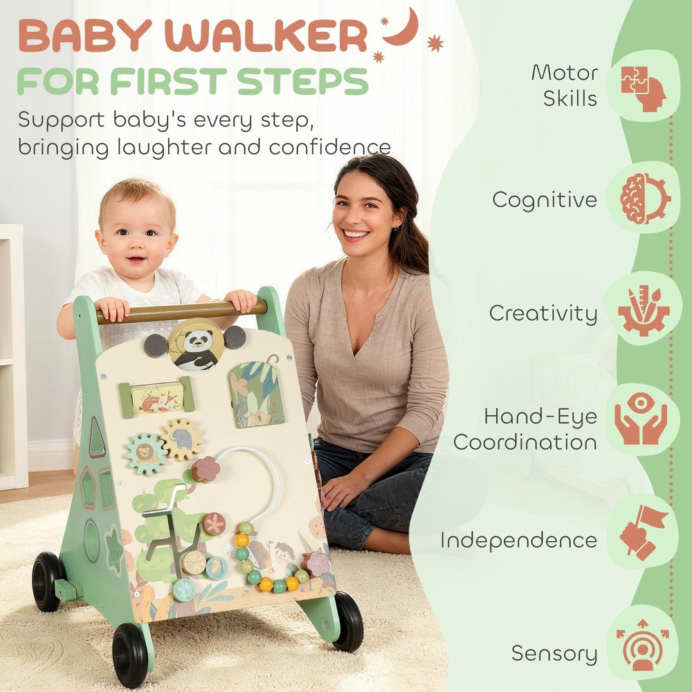 The baby walker next to a list of developmental benefits for children on a patterned background