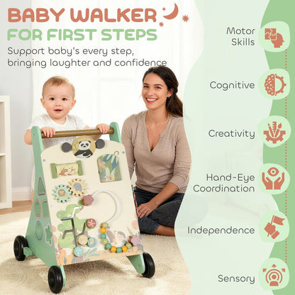 The baby walker next to a list of developmental benefits for children on a patterned background