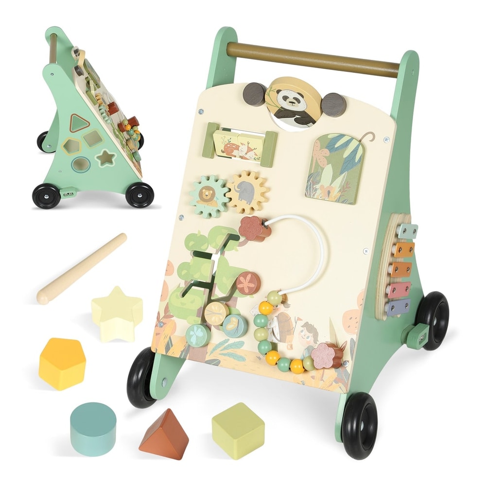 AIYAPLAY Wooden Baby Walker with various activity attachments and loose shape sorter blocks