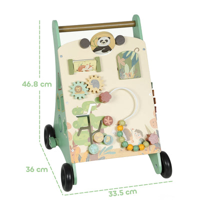 The wooden baby walker shown from the front with height and width dimensions indicated