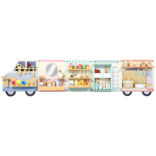 AIYAPLAY Wooden Busy Board, a wall-mounted activity centre with five different themed sections