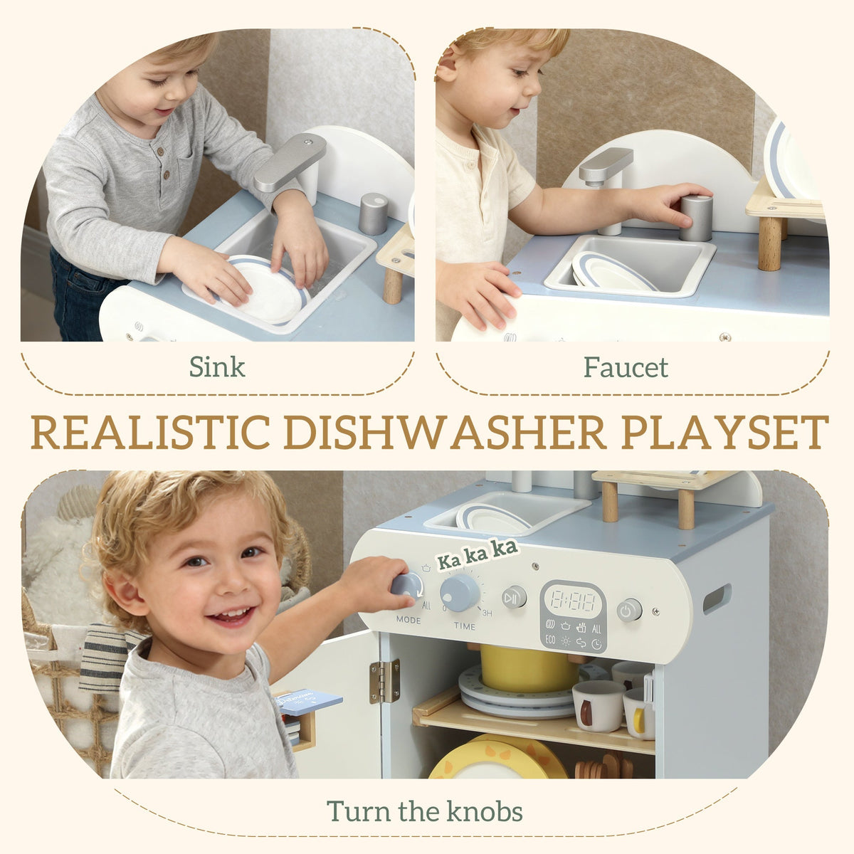 Close-up details of the role play toy showing the sink, faucet and knobs