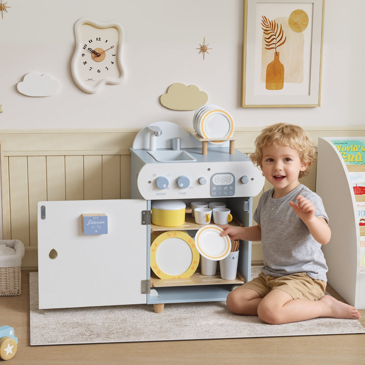 A young boy playing with the role play toy in a nursery room