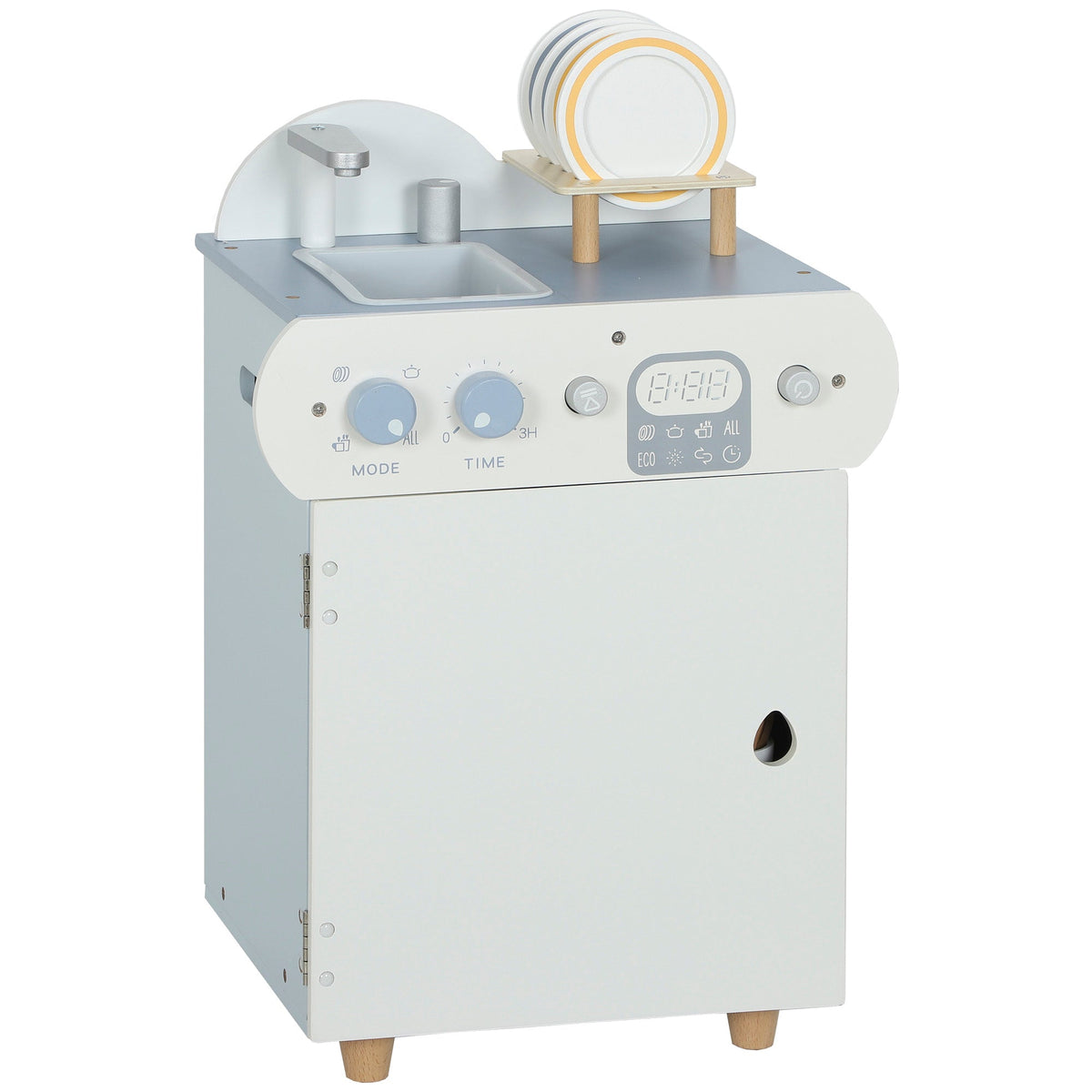 AIYAPLAY Wooden Dishwasher Playset with a sink, faucet, and plates on a rack