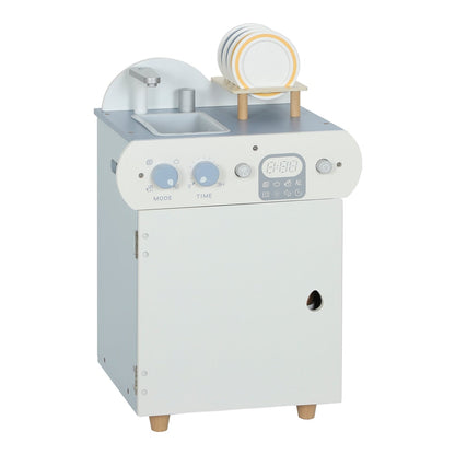 AIYAPLAY Wooden Dishwasher Playset with a sink, faucet, and plates on a rack