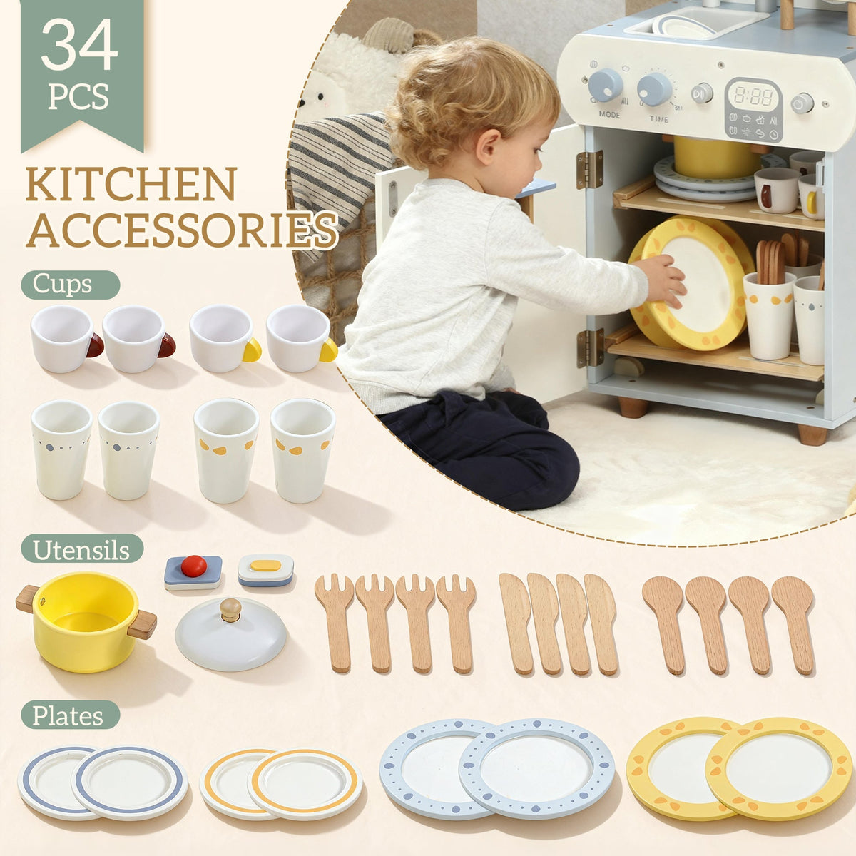 The role play toy with all included kitchen accessories displayed
