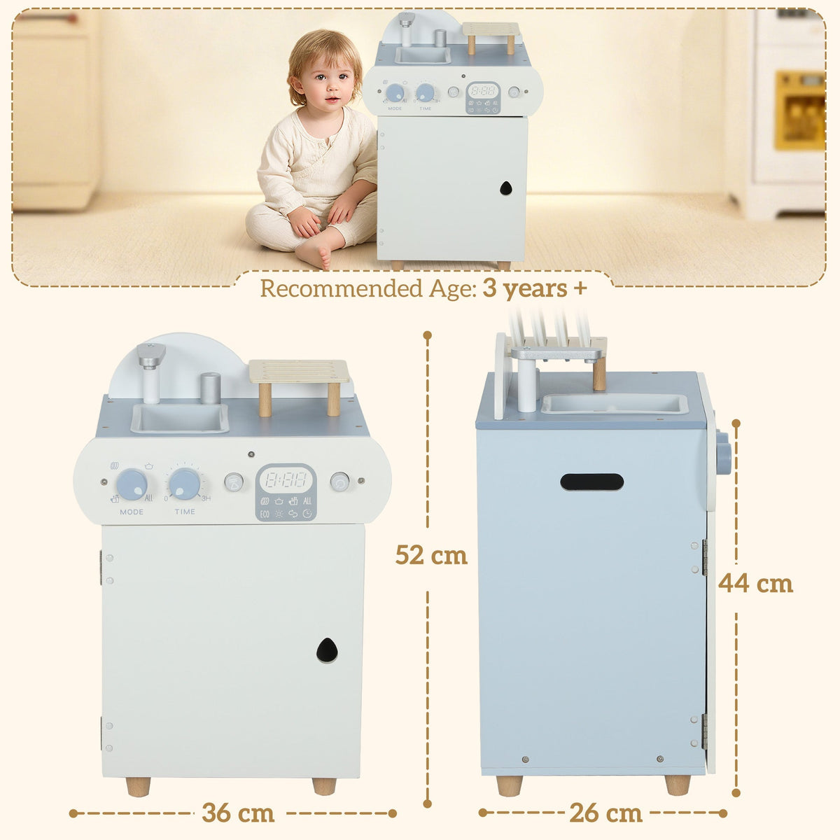 The role play toy shown from front and side with dimension labels