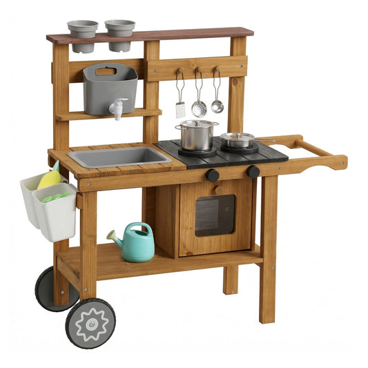 AIYAPLAY Wooden Mud Kitchen with Wheels in Brown