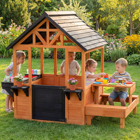 the wooden playhouse in a garden with four children playing with toy food and dishes