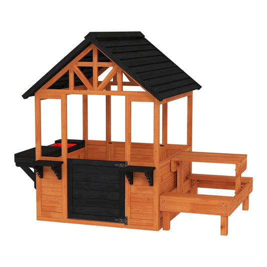 AIYAPLAY Wooden Playhouse for Kids with Table shown from the front against a plain white background
