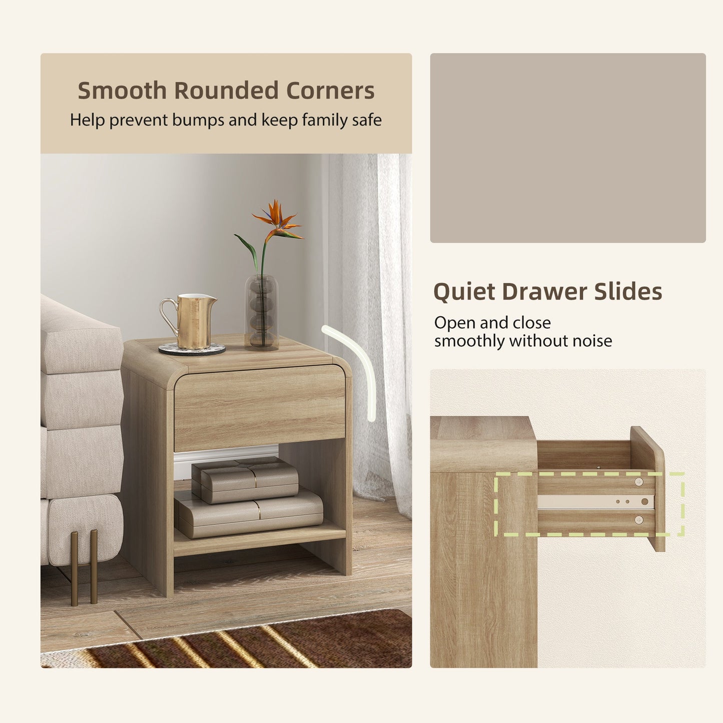 HOMCOM Bedside Tables Set of 2, Nightstands with Rounded Corners, Modern Side Table with Silent Drawer for Bedroom, Natural