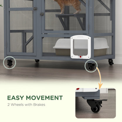 PawHut Cat House, Wooden Indoor Catio Cat Enclosure on Wheels, Wooden Kitty Cage with Platforms, Hammock, Light Grey
