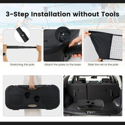 The sport equipment set showing three steps for assembly and storage in a car boot