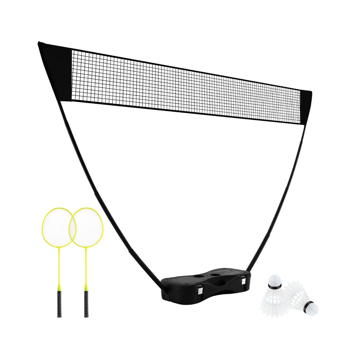 All-In-One Portable Badminton Net Set with Storage Base featuring rackets and shuttlecocks