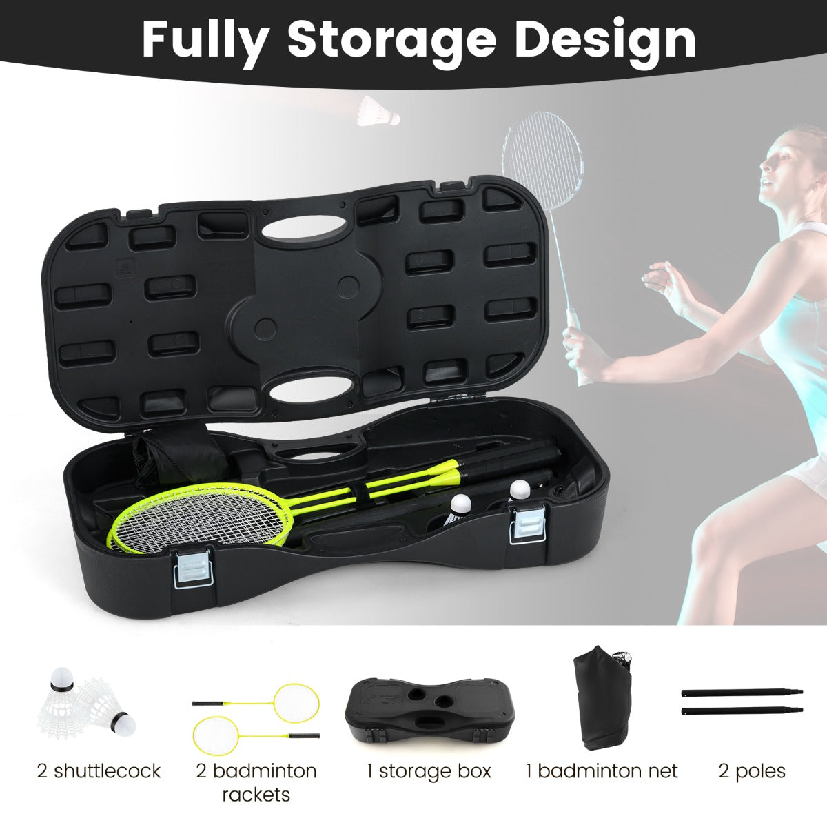 The sport equipment set inside its open storage base with all included components shown