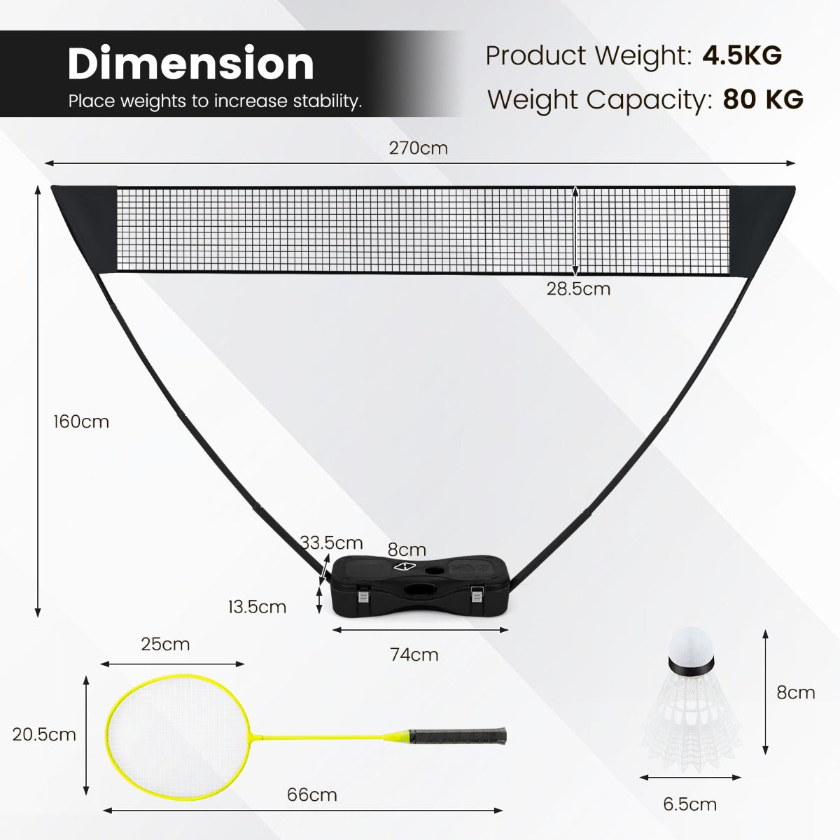 the portable badminton net set with technical lines showing product dimensions