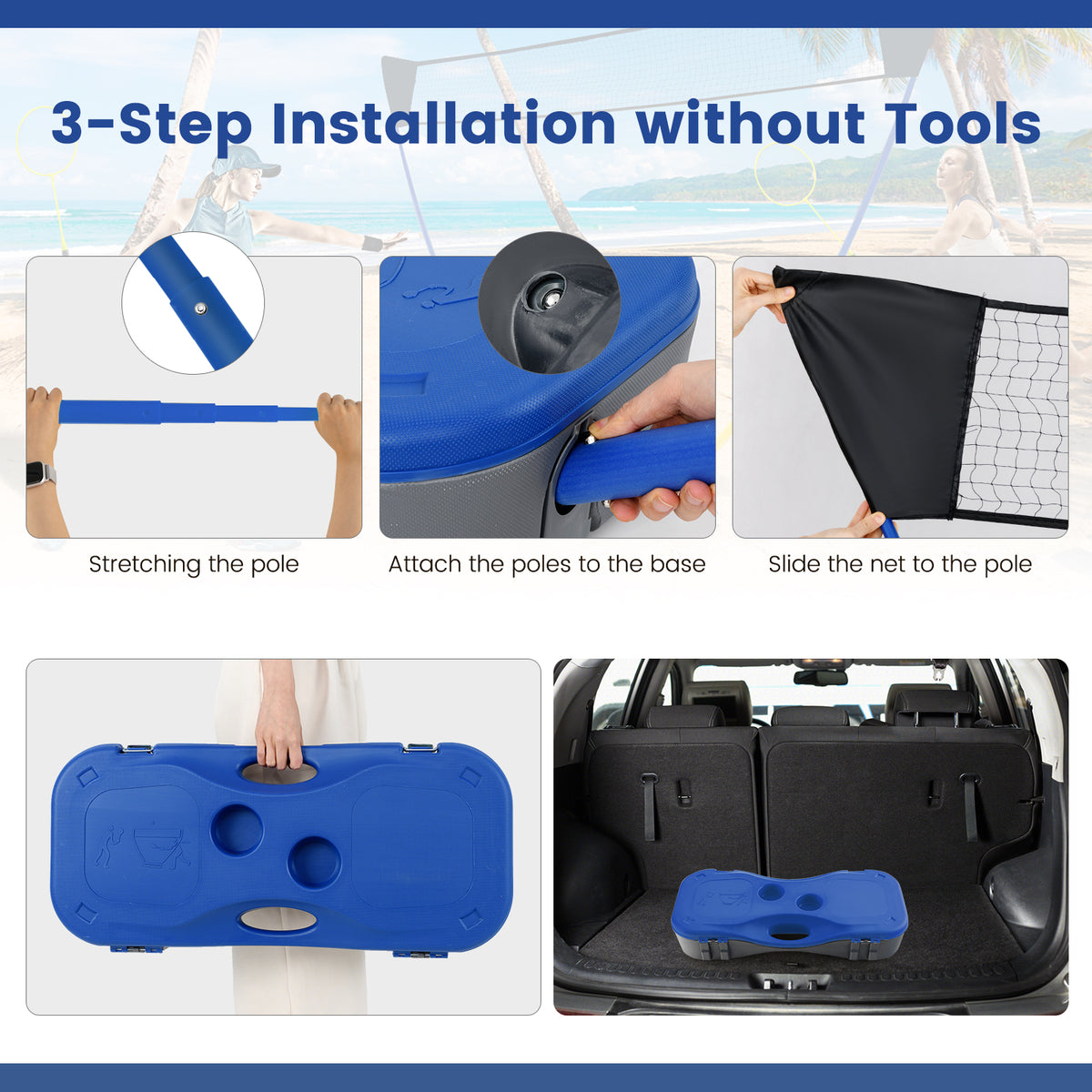 Three steps showing how to assemble the portable badminton net set
