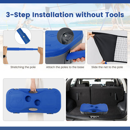 Three steps showing how to assemble the portable badminton net set