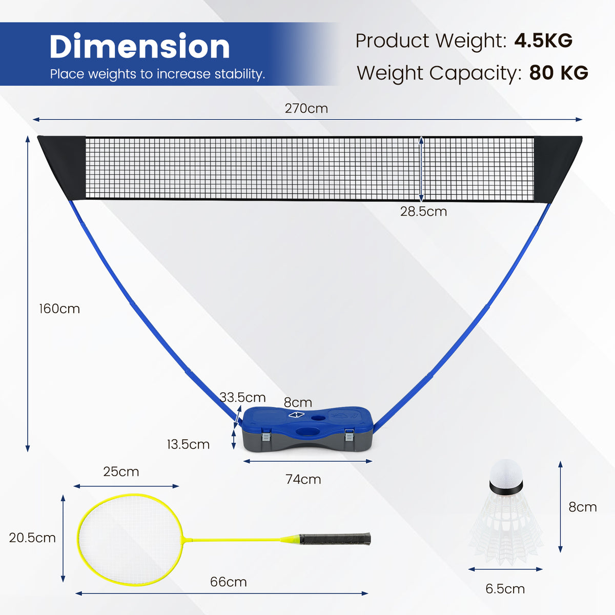 The portable badminton net set with dimensions shown for the net, base, rackets and shuttlecocks