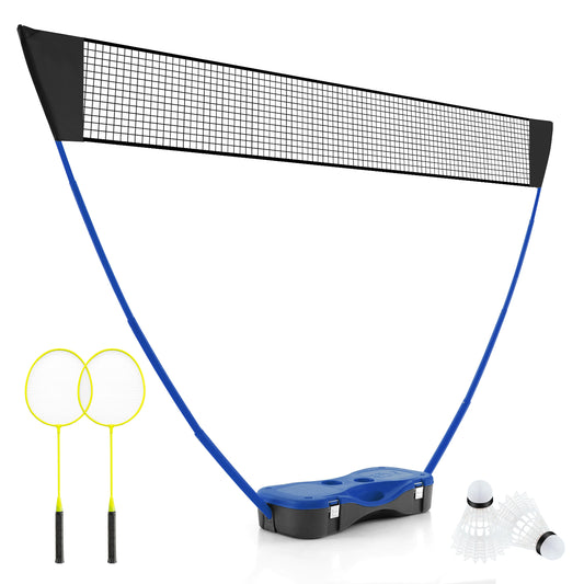 All-In-One Portable Badminton Net Set with Storage Base, a blue base with a black net and two yellow rackets and two white
