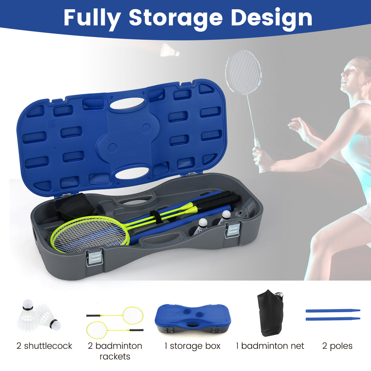The portable badminton net set fully stored in its blue base with rackets and shuttlecocks