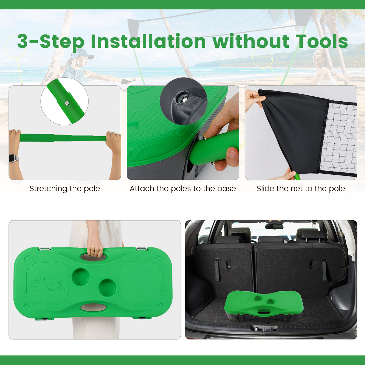 The badminton net set showing assembly steps and the closed case in a car boot