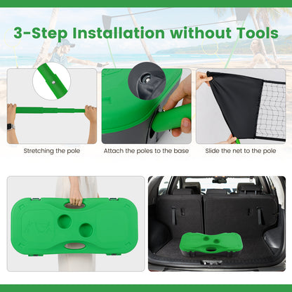 The badminton net set showing assembly steps and the closed case in a car boot