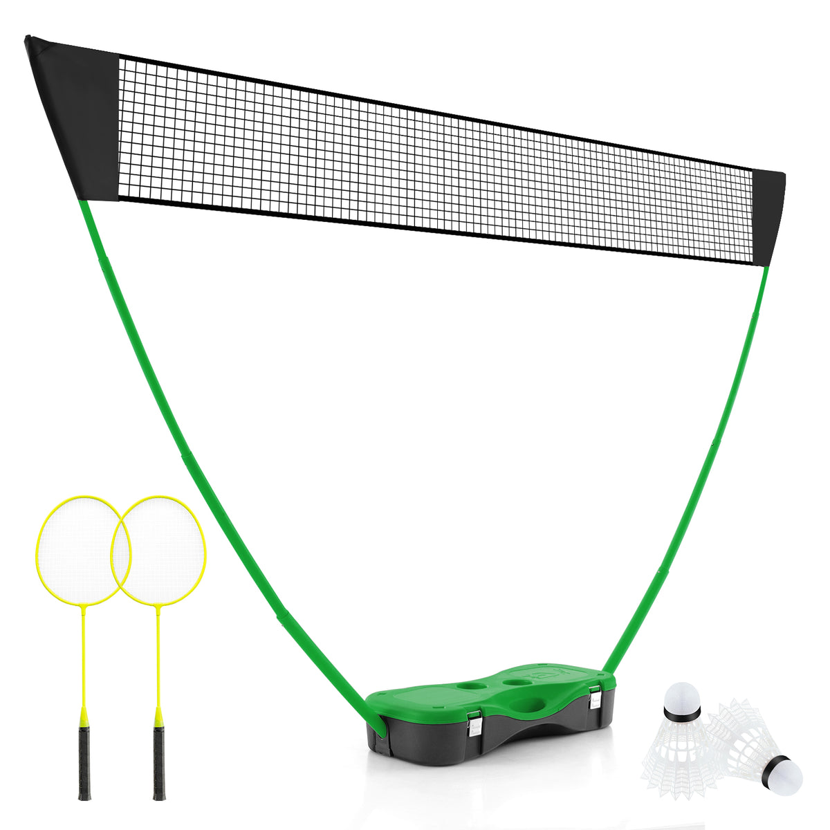 All-In-One Portable Badminton Net Set with Storage Base including rackets and shuttlecocks